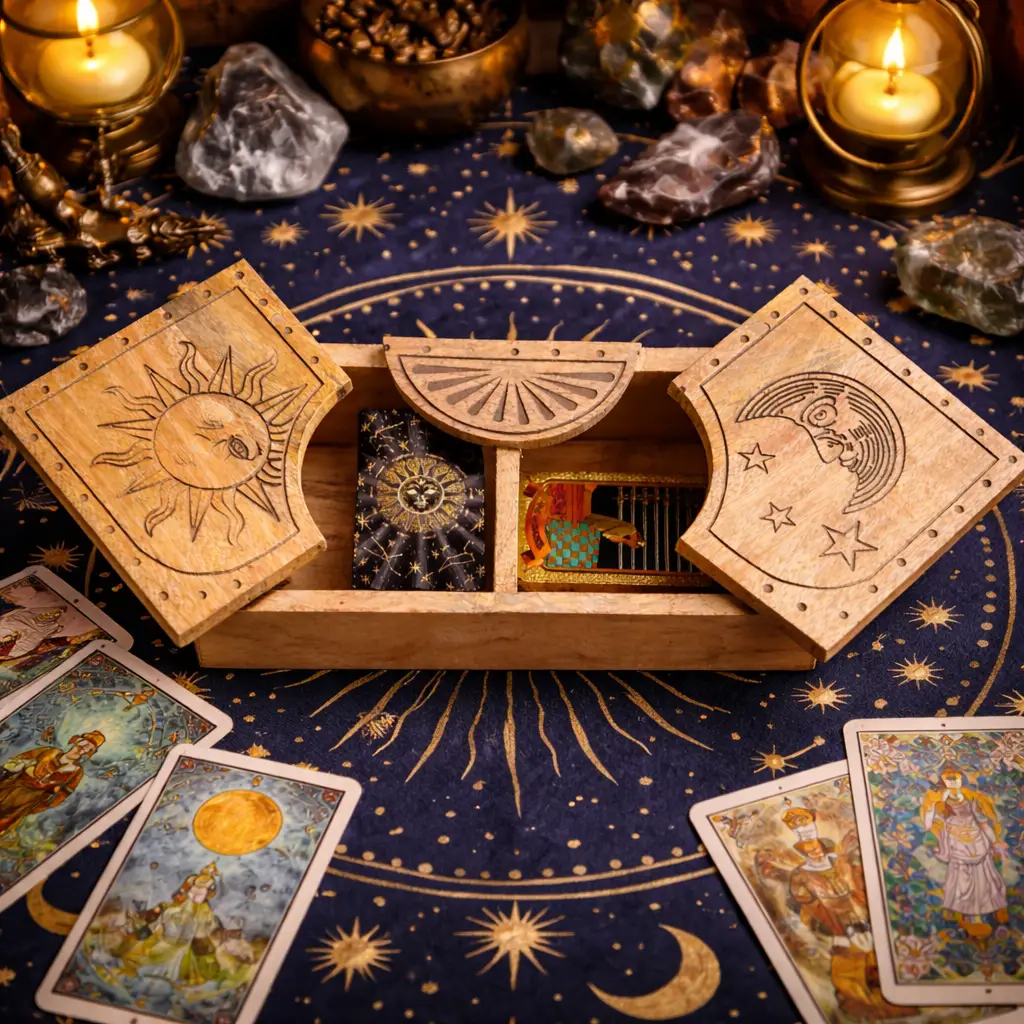 Trälåda med sol- och månmotiv för tarotkort - produktbild 5