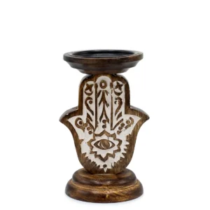 Liten träljusstake i mangoträ med vitmålat Hamsa-motiv