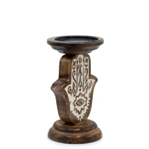 Träljusstake i mangoträ med Hamsa-motiv, liten 18x11 cm - produktbild 5