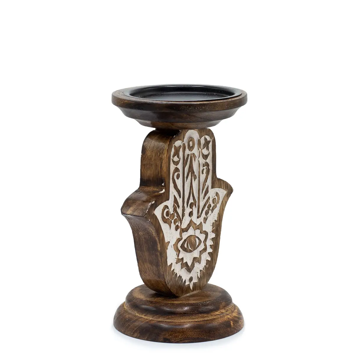 Träljusstake i mangoträ med Hamsa-motiv, liten 18x11 cm - produktbild 5