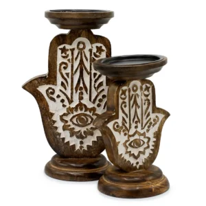 Träljusstake i mangoträ med Hamsa-motiv, liten 18x11 cm - produktbild 6