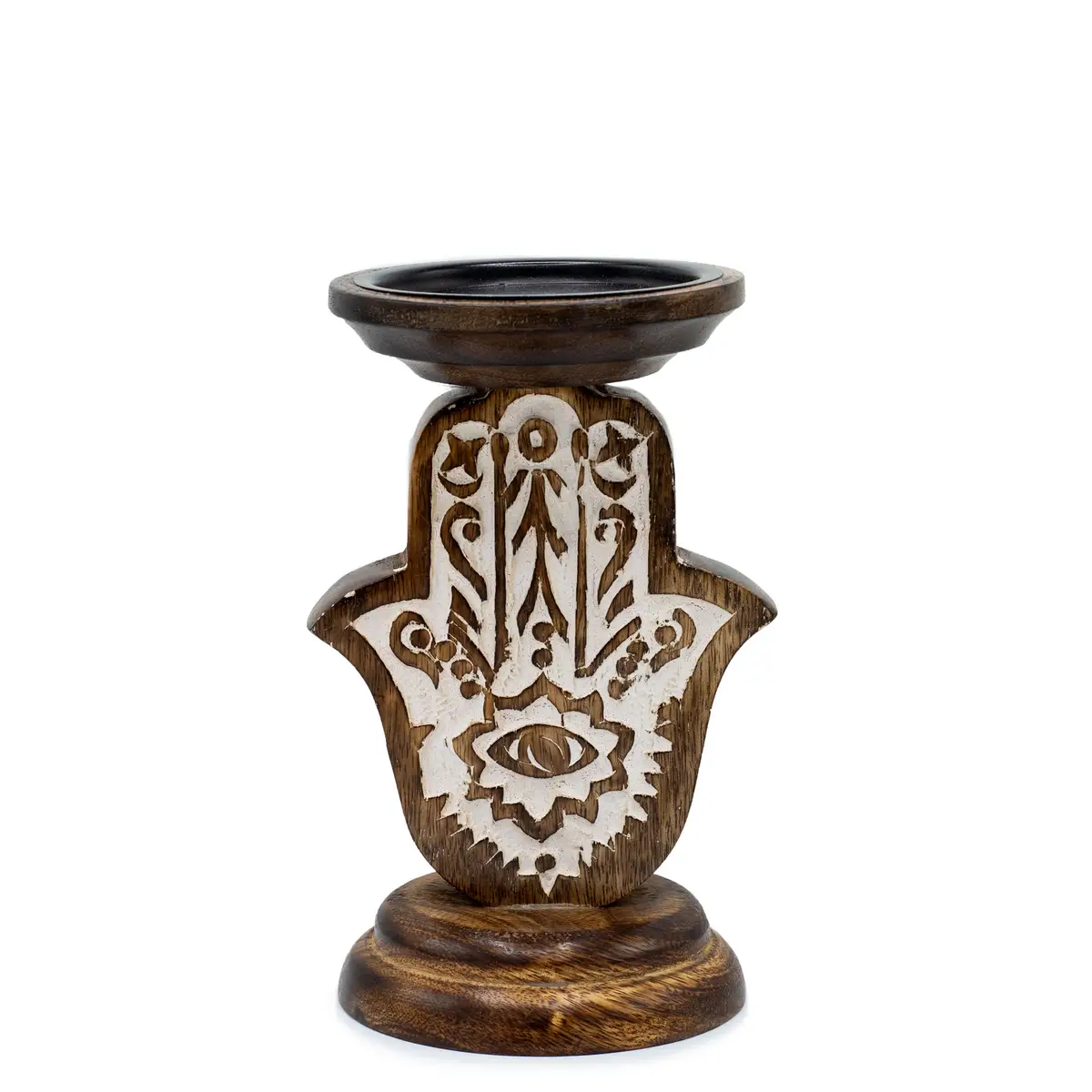 Liten träljusstake i mangoträ med vitmålat Hamsa-motiv