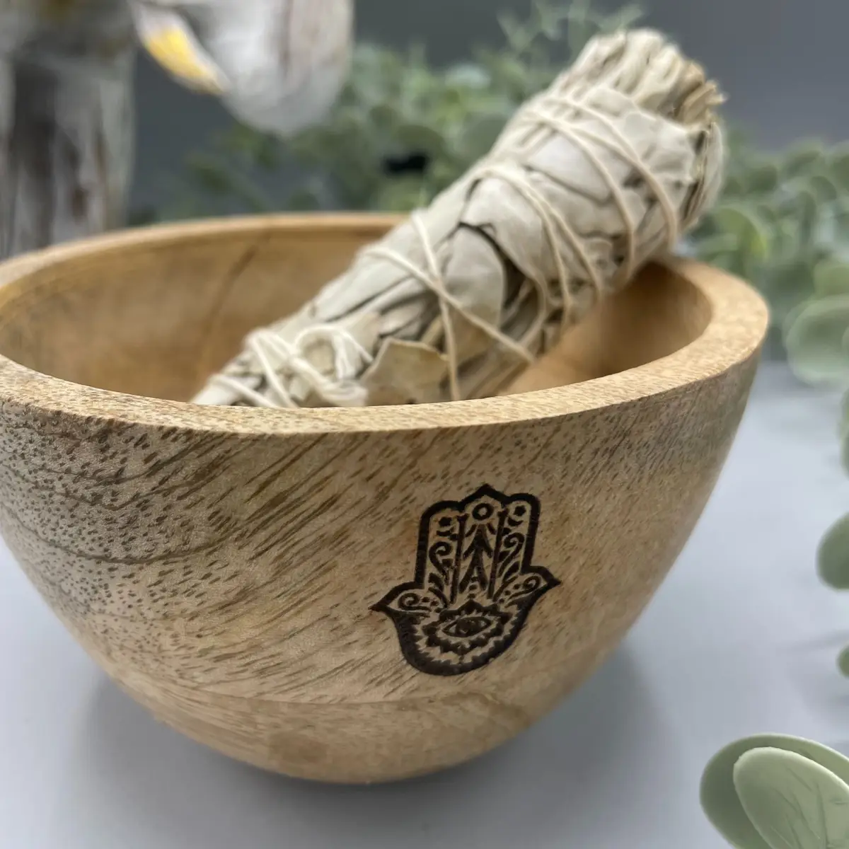 Träskål för rökelse och ritualer med Hamsa-motiv 12x7 cm - produktbild 2