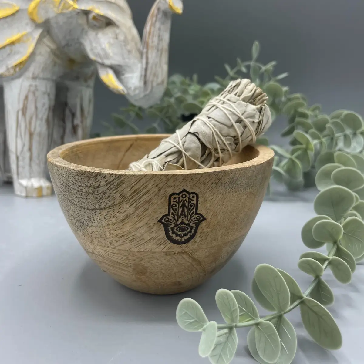 Träskål för rökelse och ritualer med Hamsa-motiv 12x7 cm - produktbild 3