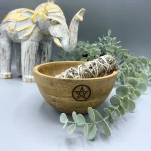 Träskål med pentagram och rökelsepinne, omgiven av gröna blad och vit elefantfigur