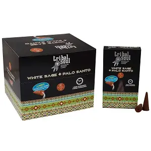 Förpackning och påse med Tribal Soul backflow rökelsekoner vit salvia och palo santo