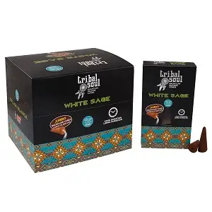Förpackning med Tribal Soul Premium backflow rökelsekoner i doften vit salvia
