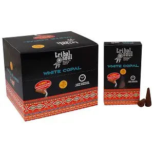 Förpackning med Tribal Soul Premium backflow rökelsekoner White Copal och två koner bredvid