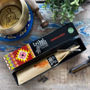 Dekorativ ask med Tribal Soul rökelsestickor och kaneldoft på träbord