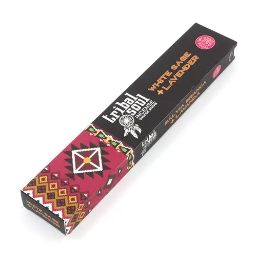 Förpackning med Tribal Soul rökelsestickor i svart och röd design