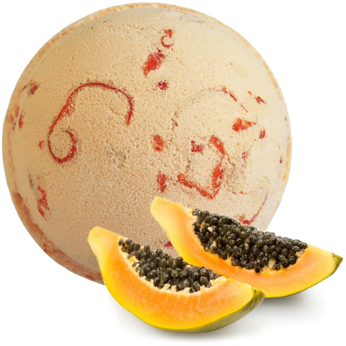 Rund badbomb med inslag av röd färg och två skivor papaya framför