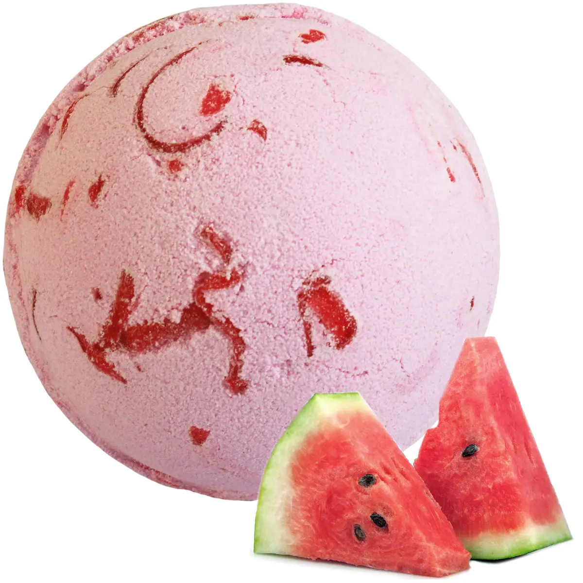 Rosa badbomb med röda inslag och skivor av vattenmelon