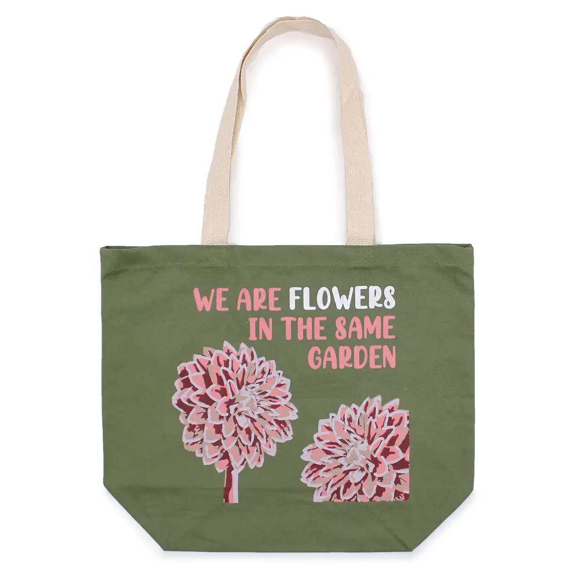 Tryckt bomullsväska med blommotiv i oliv, rosa och natur - produktbild 3