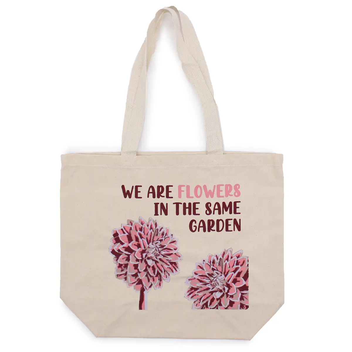 Tryckt bomullsväska med blommotiv i oliv, rosa och natur - produktbild 4