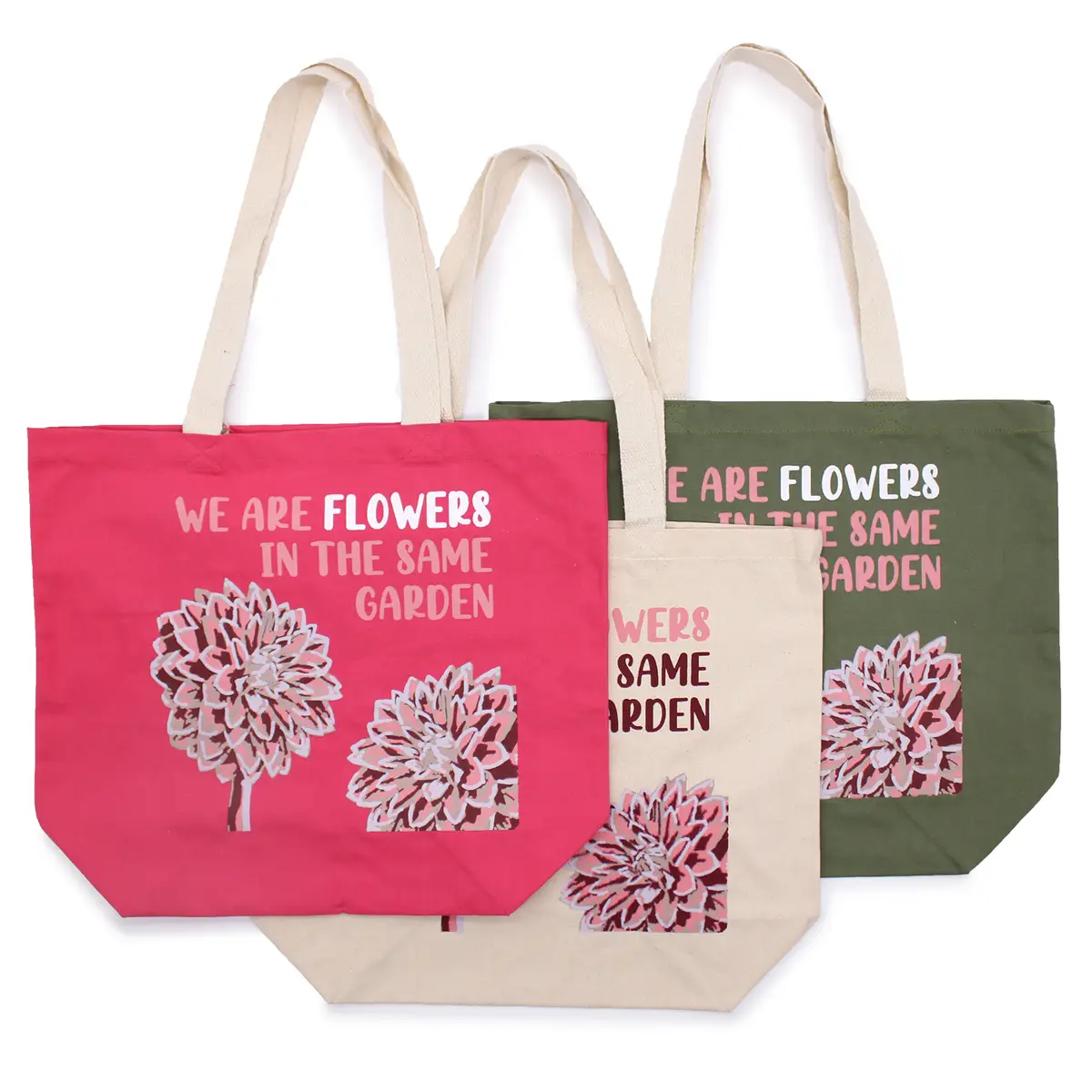 Tryckt bomullsväska We are Flowers i naturfärg med blommotiv och text