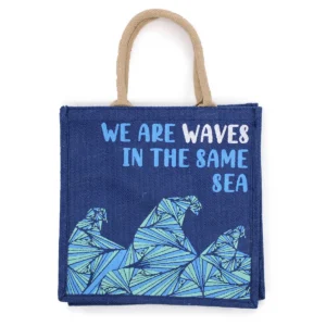 Tryckt jutesäck med handtag We are Waves blå - produktbild 3