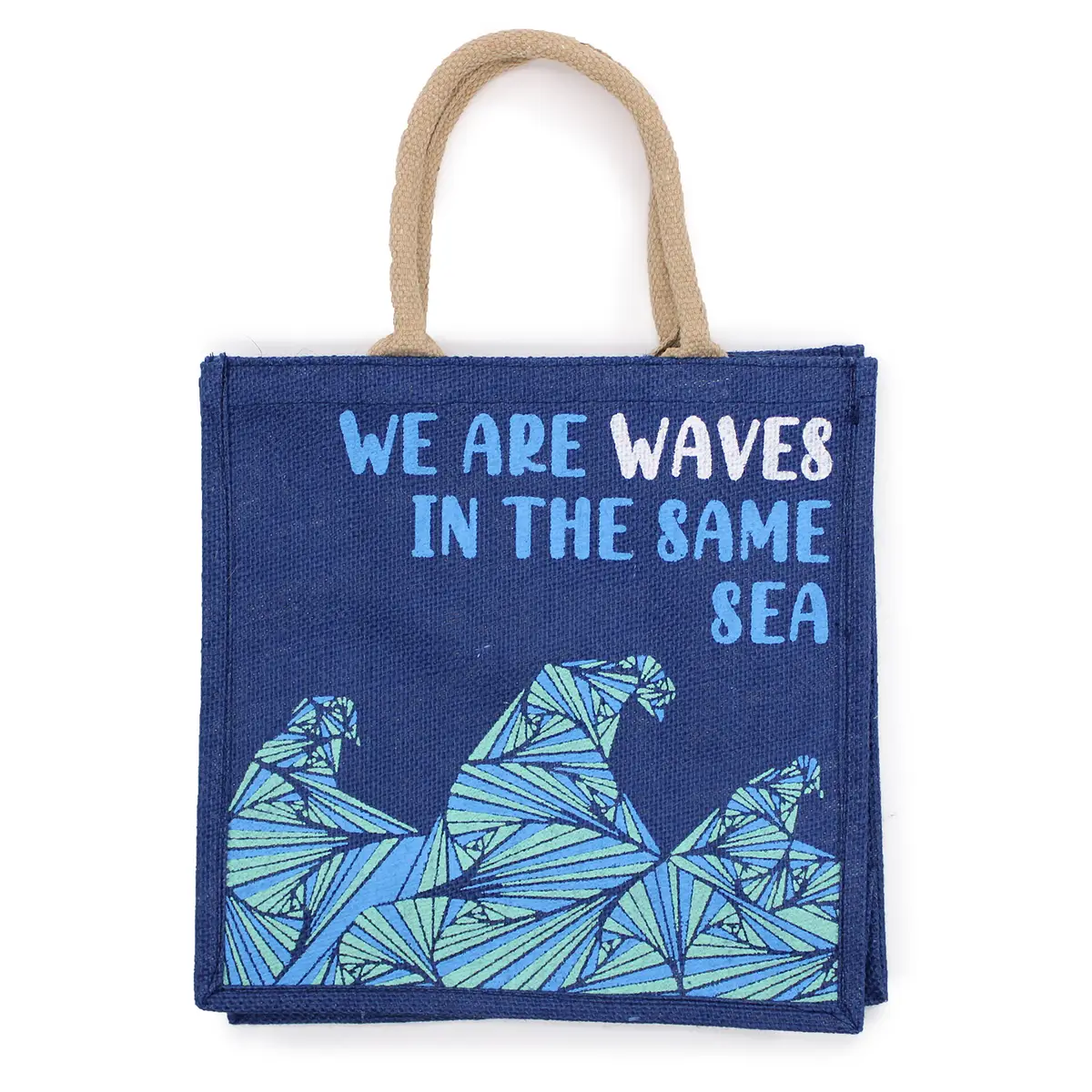 Tryckt jutesäck med handtag We are Waves blå - produktbild 3