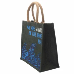 Tryckt jutesäck med handtag We are Waves blå - produktbild 7