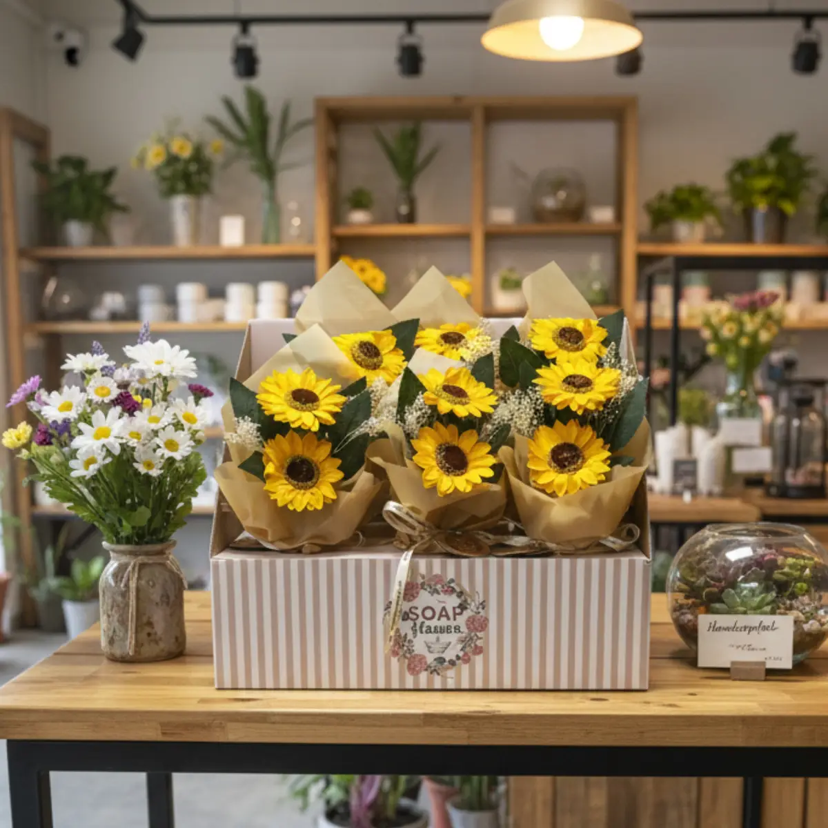 Tvålblomsterbukett med två solrosor - produktbild 2