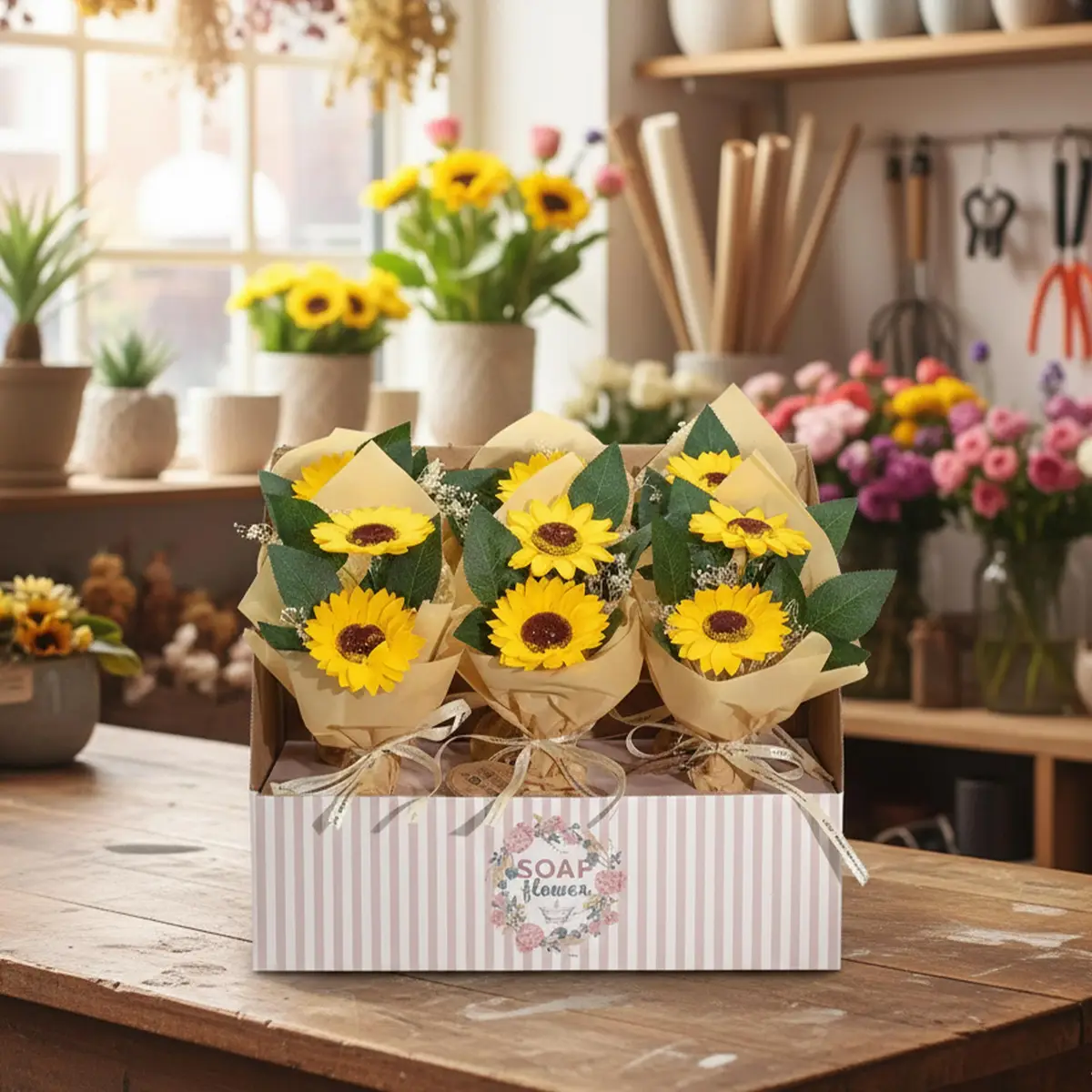 Tvålblomsterbukett med två solrosor - produktbild 4