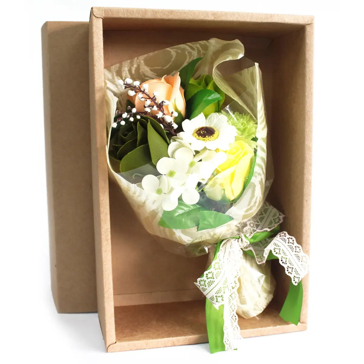 Tvålbukett med färgglada tvålblommor i grön presentförpackning med dekorativt band