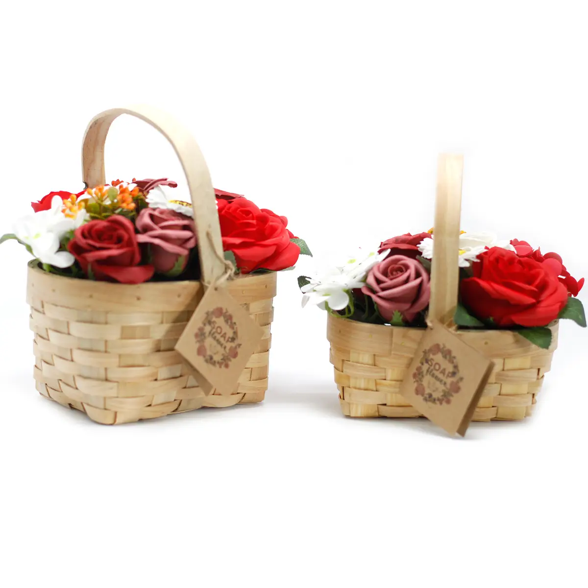 Tvålbukett med röda och vita tvålblommor i korg - produktbild 2