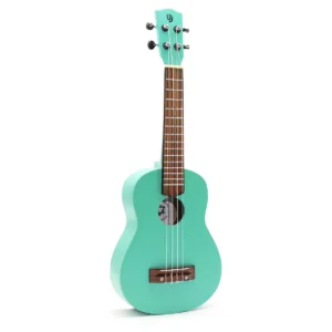 Turkos ukulele med fyra strängar och träfärgat greppbräde