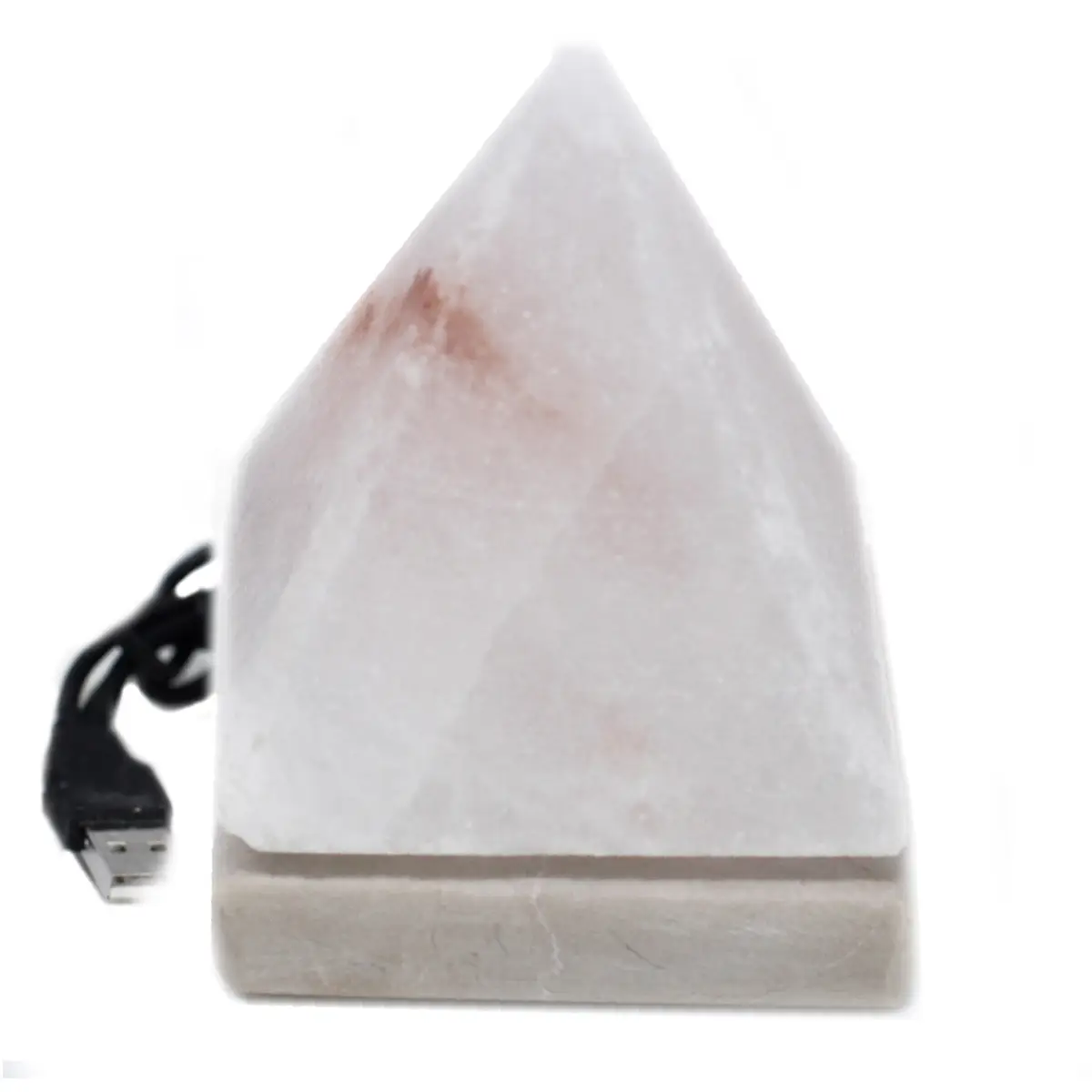Vit pyramidformad himalayasaltlampa med USB-kabel