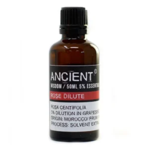 Flaska med utspädd rosenolja 50 ml eterisk olja med etikett Ancient Wisdom