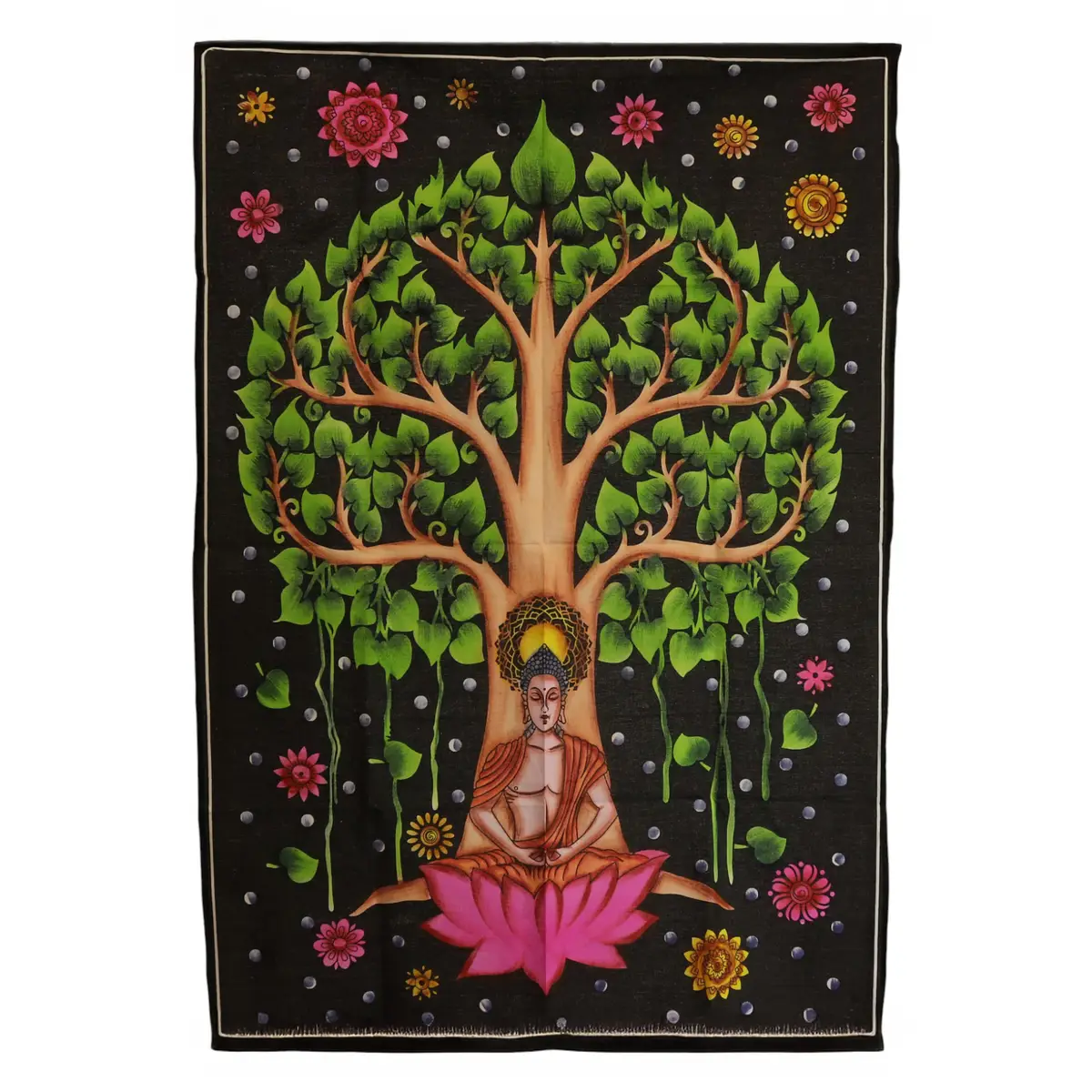 Väggbonad i bomull med Buddha sittande under Bodhiträdet och färgglada blommor
