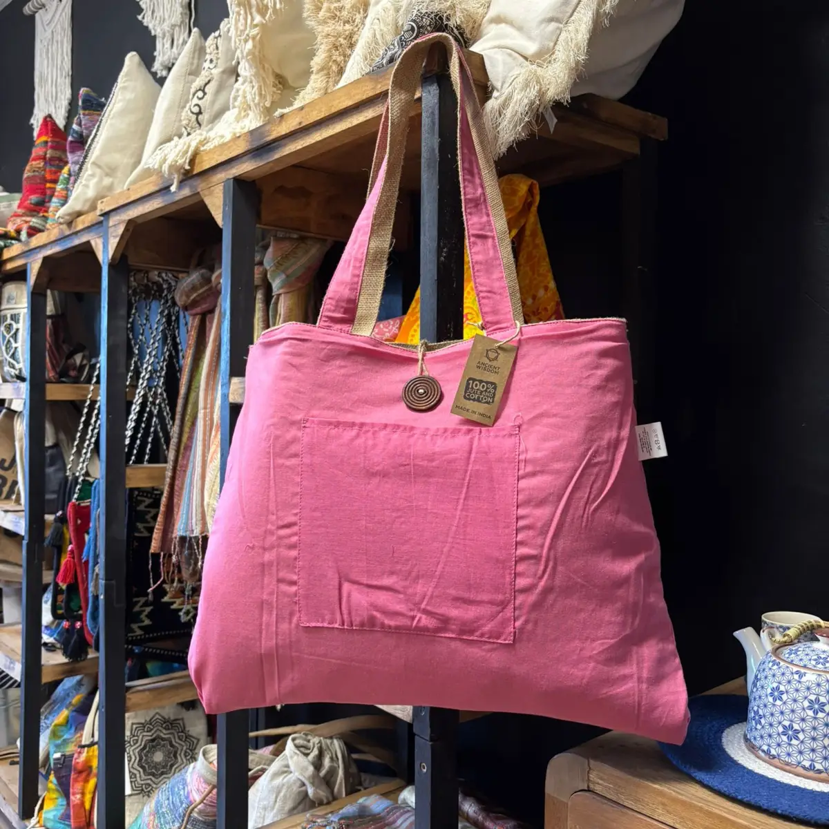 Vändbar stor väska i jute och bomull, rosa - produktbild 3