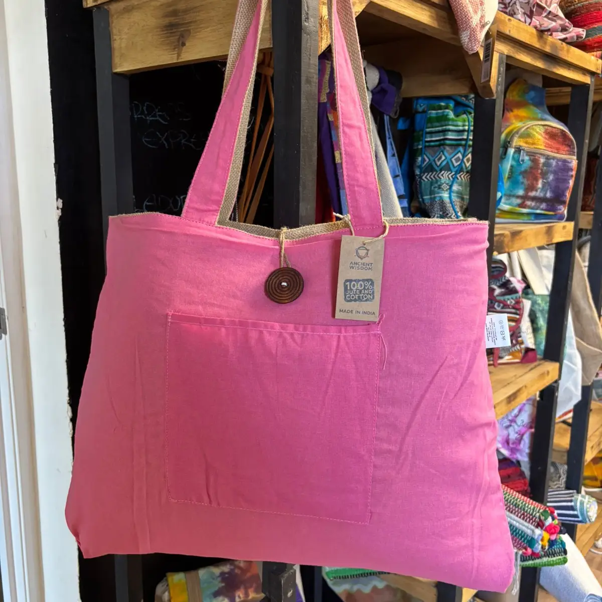 Vändbar stor väska i jute och bomull, rosa - produktbild 4