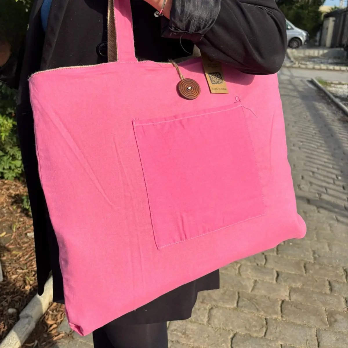 Vändbar stor väska i jute och bomull, rosa - produktbild 6