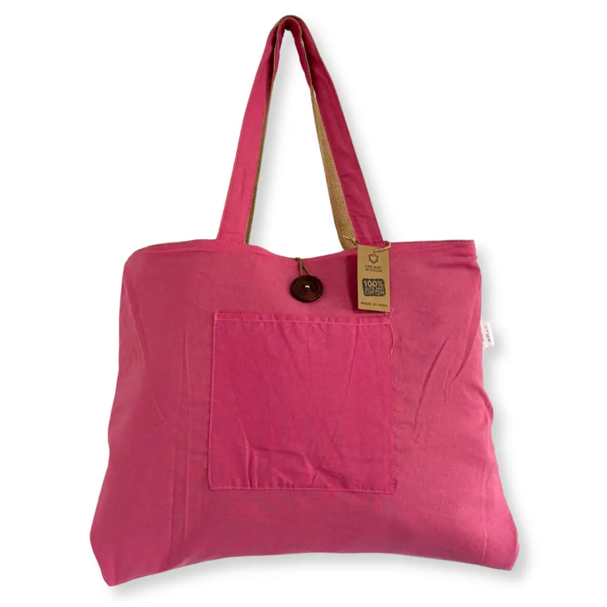 Stor vändbar väska i rosa jute och bomull med handtag och framficka