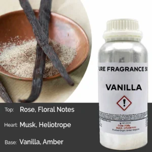 Metallflaska med vanilj doftolja 500 ml och vaniljstänger i bakgrunden
