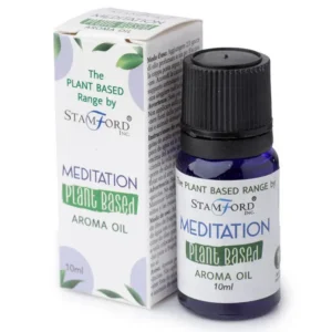 Flaska med växtbaserad doftolja Meditation 10 ml och dess förpackning