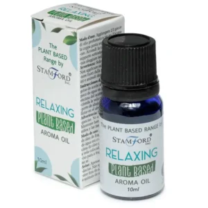 Flaska med växtbaserad doftolja Relaxing 10 ml och dess förpackning