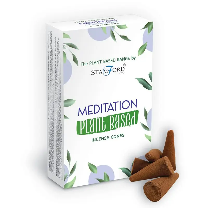 Förpackning med växtbaserade rökelsekoner för meditation från Stamford och fyra rökelsekoner bredvid