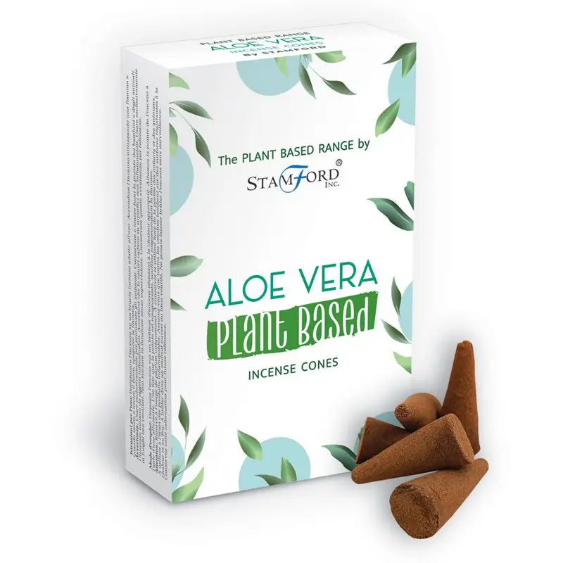 Förpackning med växtbaserade rökelsekoner med aloe vera och några koner bredvid
