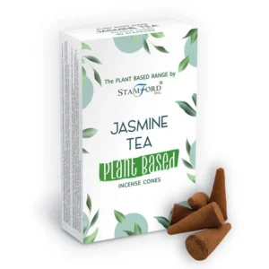Förpackning med växtbaserade rökelsekoner med jasminte och några koner bredvid