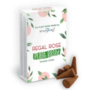 Förpackning med växtbaserade rökelsekoner Regal Rose från Stamford och några koner bredvid