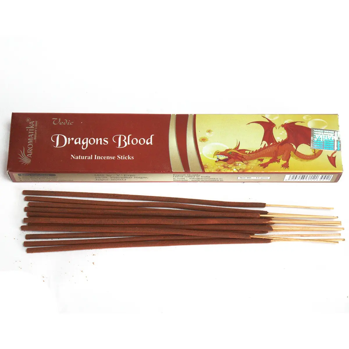 Rödgul ask med Vedic masala rökelsepinnar Dragon Blood och flera rökelsepinnar bredvid