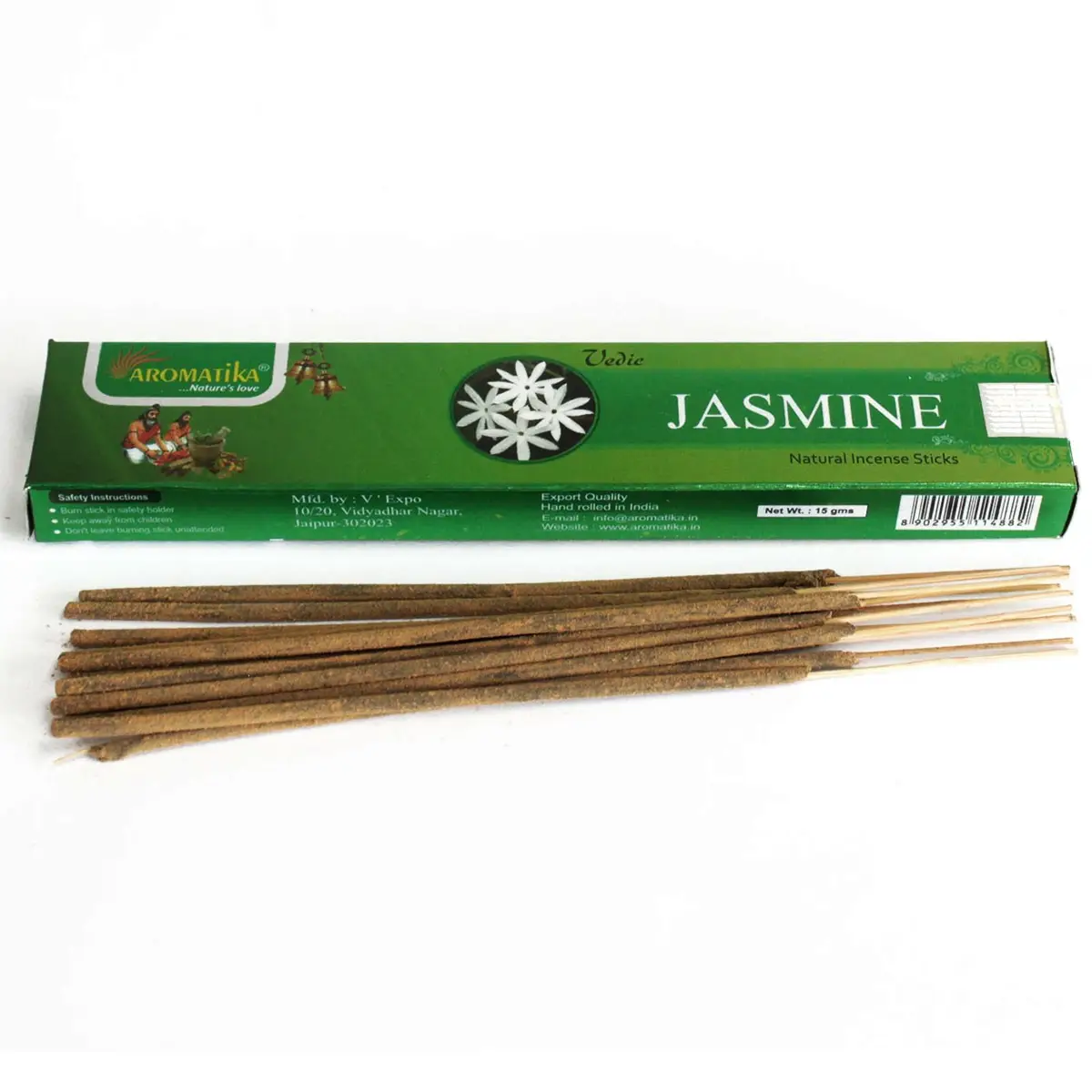 Grön förpackning med handrullade jasmindoftande rökelsepinnar från Aromatika