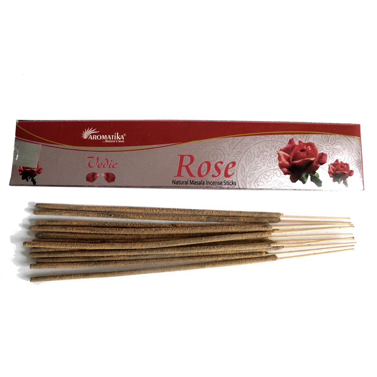 Förpackning och rökelsepinnar med rosdoft från Aromatika