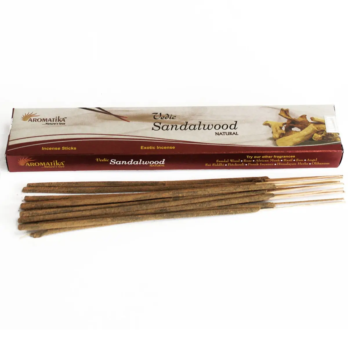 Förpackning och rökelsepinnar med sandelträdoft från Aromatika