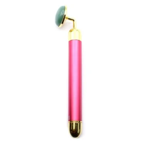 Vibrerande ansiktsroller i jade med rosa handtag och guldiga detaljer