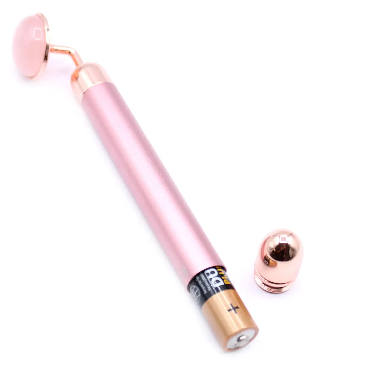 Rosenkvartsansiktsroller med batteri och avtagbar kåpa i rosa och kopparfärg