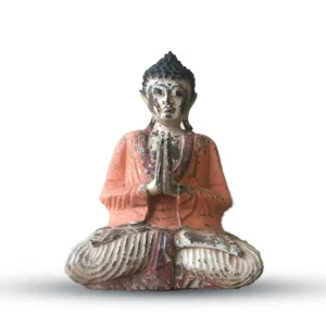 Vintage handgjord Buddha-staty i suarträ med orange klädsel