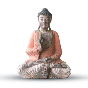 Vintage handgjord Buddha-staty i suarträ med orange klädnad i undervisande pose