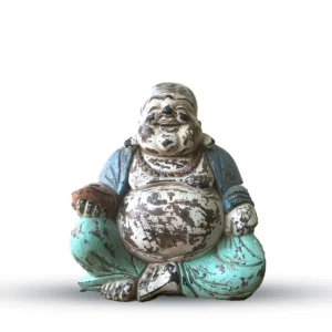 Vintage handgjuten Buddha-staty i blå mintfärg sittande med leende ansikte